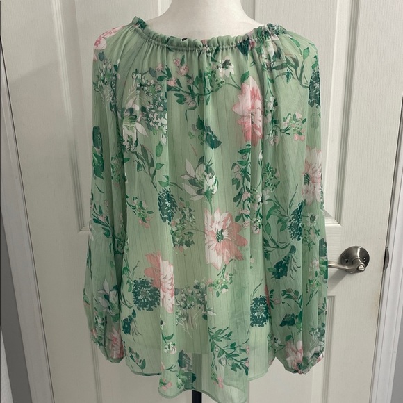 Zara Floral Sheer Blouse in Mint Green & Pink Ruffle Collar with Tie Flowy Fit - Picture 9 of 16